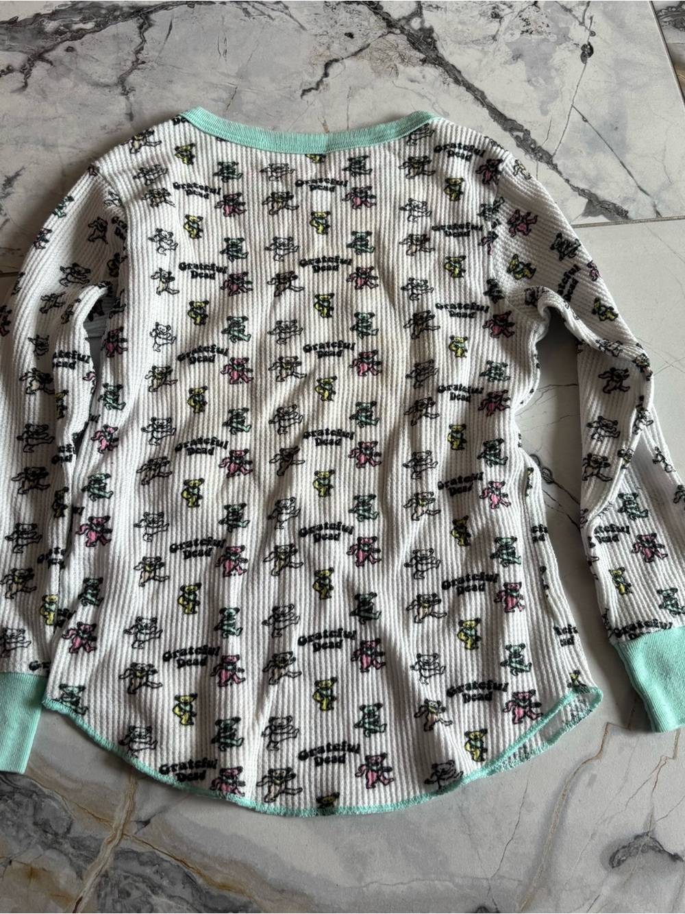 Girls' White Floral Thermal Top with Mint Trim - Picture 3 of 5